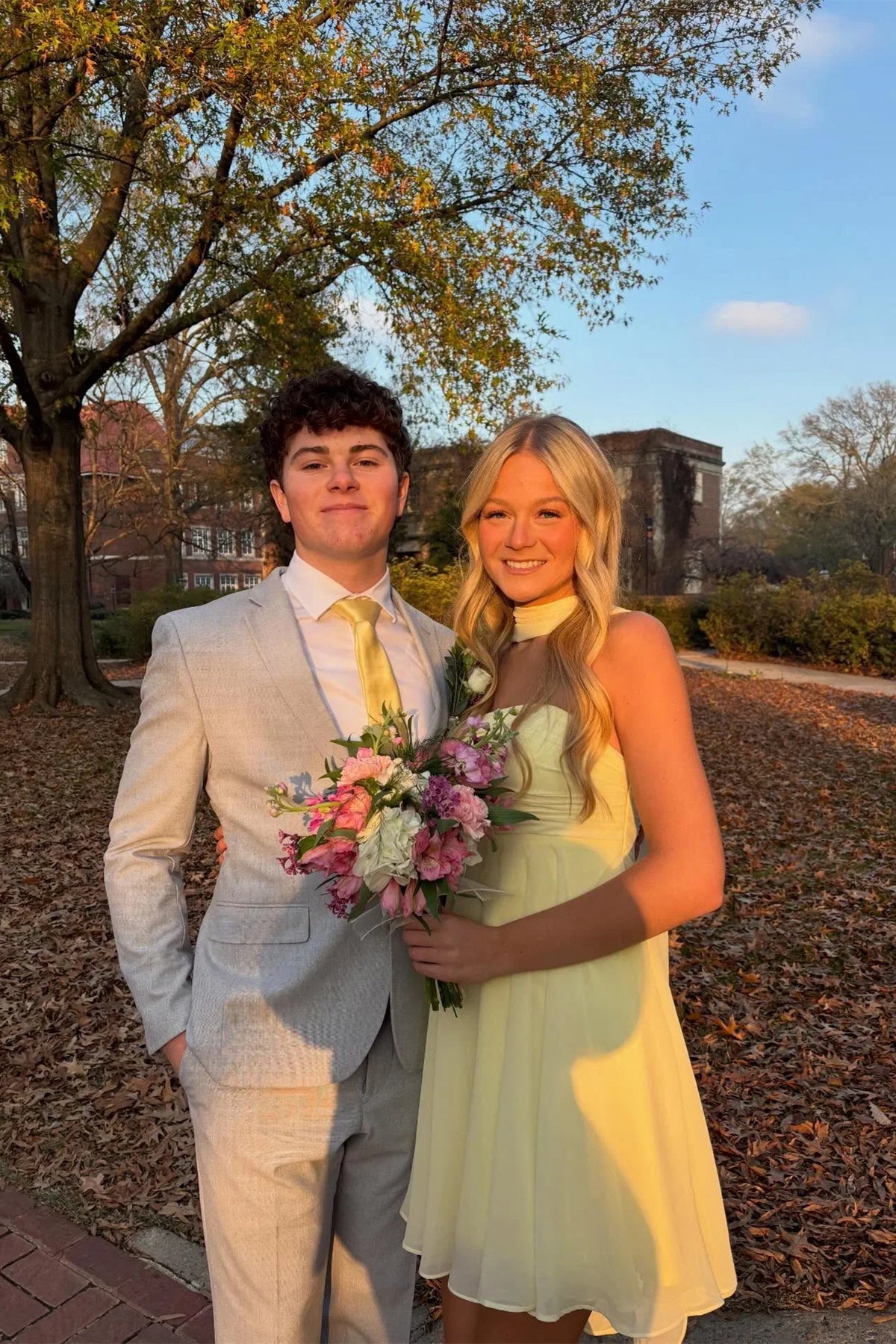 Strapless Yellow Chiffon A-Line Homecoming Dress With Scarf