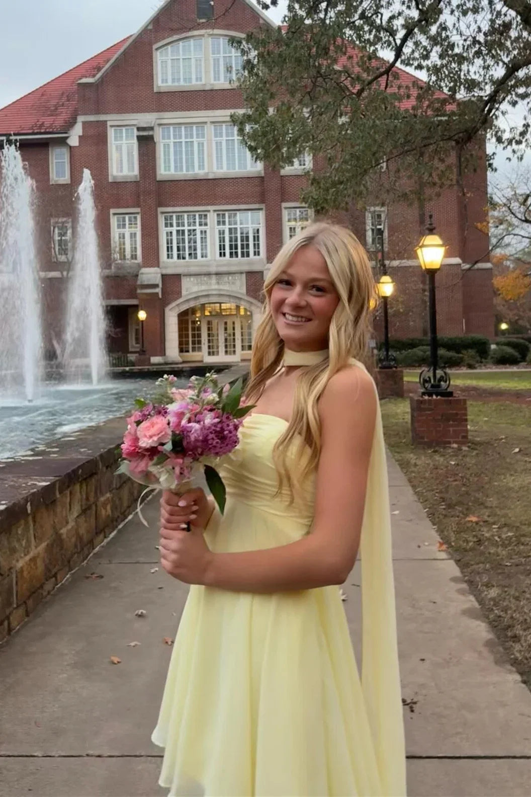 Strapless Yellow Chiffon A-Line Homecoming Dress With Scarf