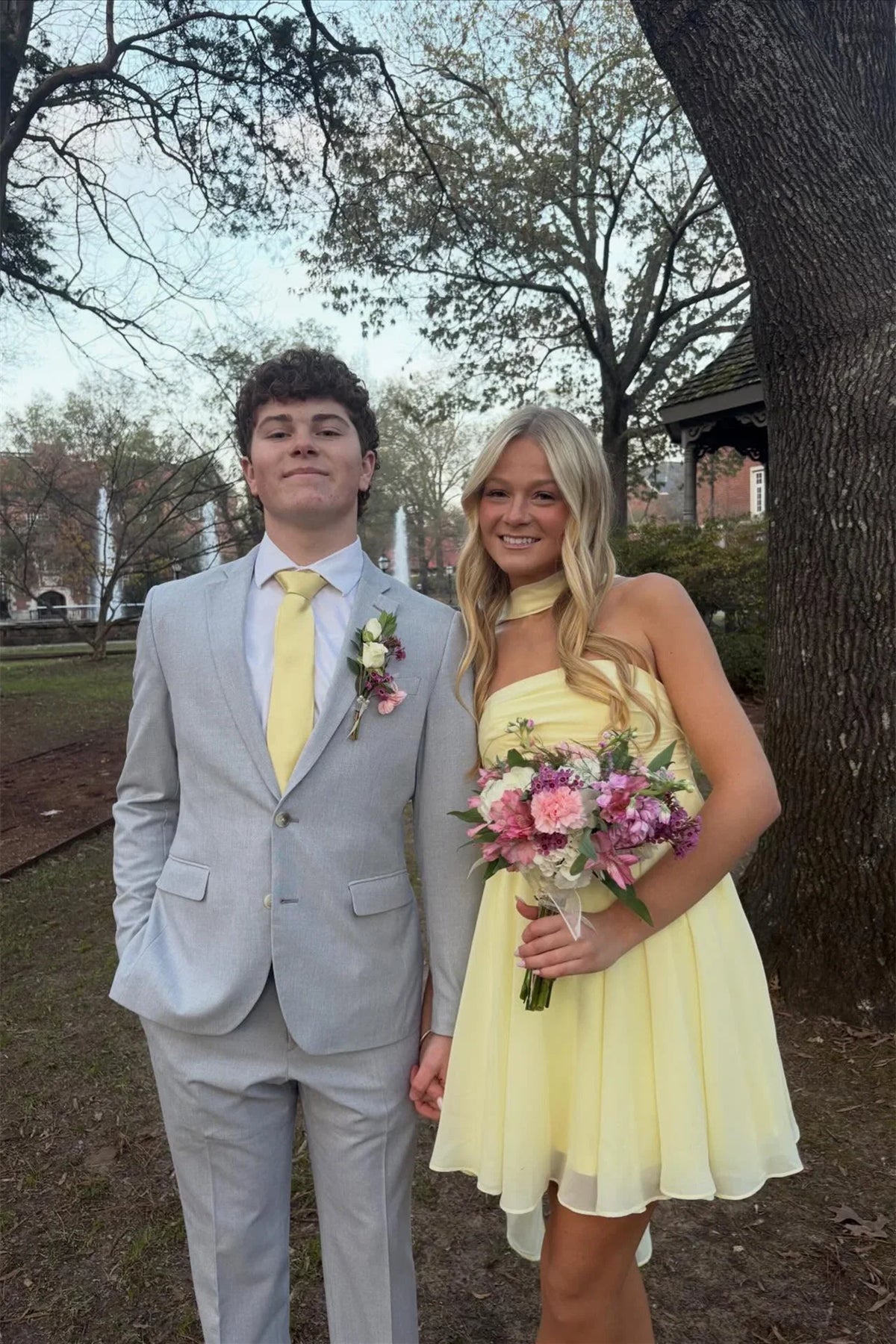 Strapless Yellow Chiffon A-Line Homecoming Dress With Scarf