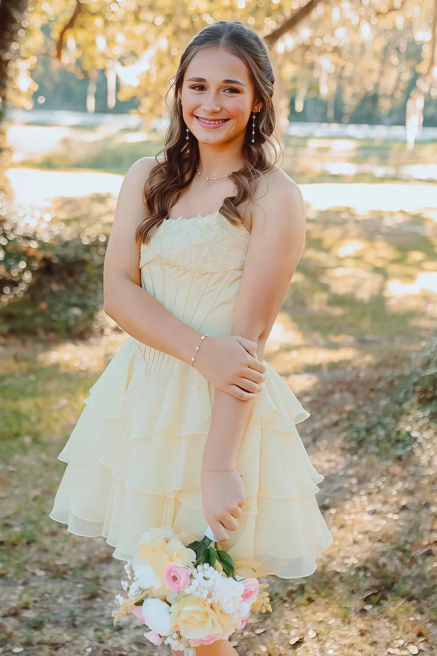 Strapless Yellow Chiffon Homecoming Dress With Appliques