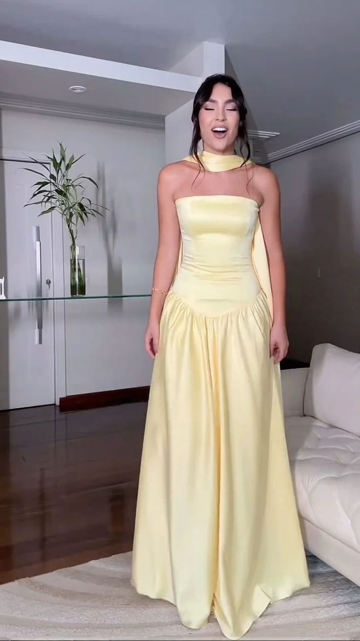 Strapless Yellow Stain Prom Dresses Formal Wedding Guest Dress J9651