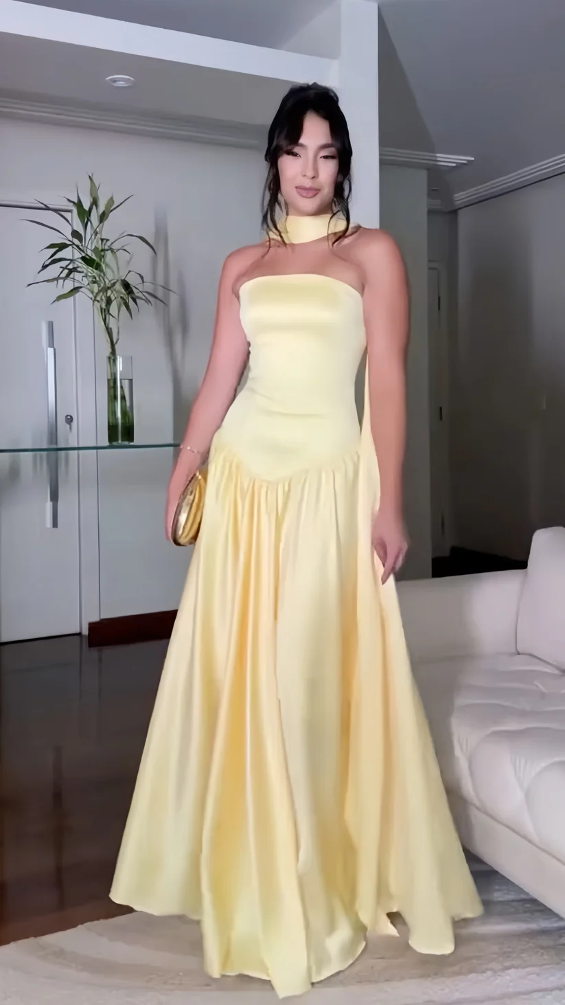 Strapless Yellow Stain Prom Dresses Formal Wedding Guest Dress J9651