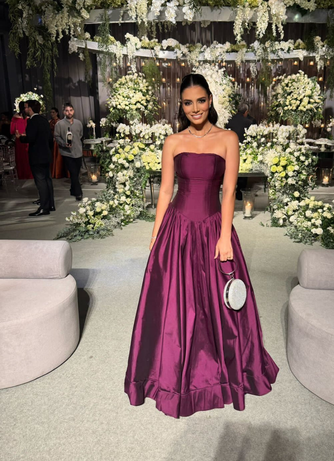 Strapless A-Line Grape Prom Dress Wedding Guest Dress Formal Evening Dress