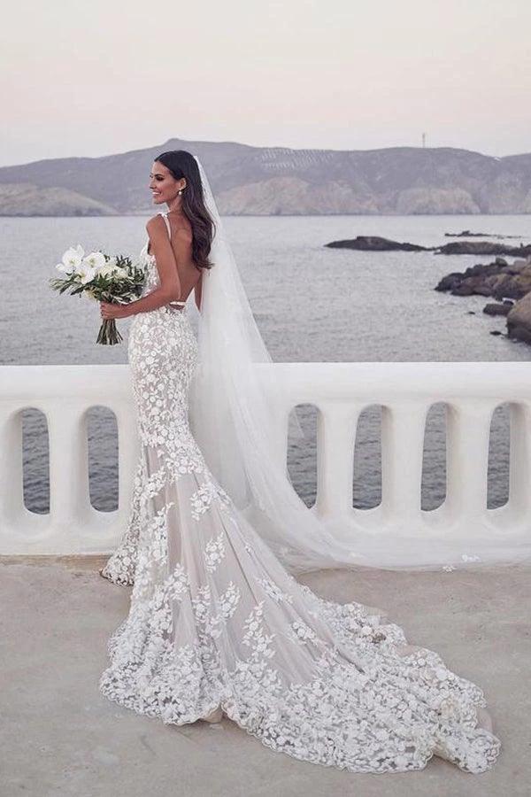 Straps Mermaid Wedding Dresses Lace Appliqued Gowns Wedding Dresses (ZD16229)