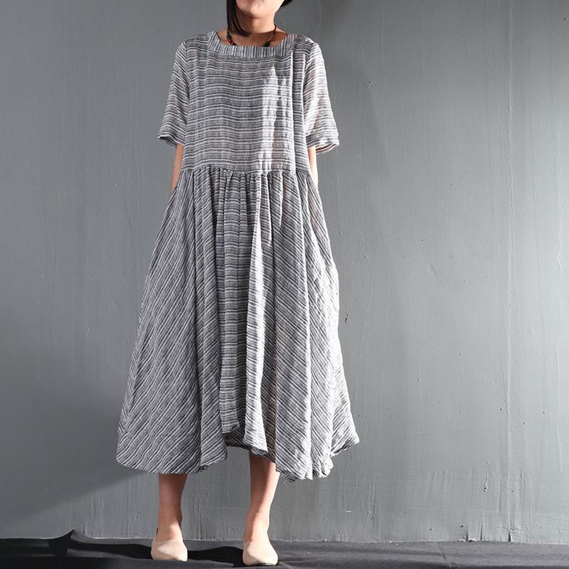Striped gray flown linen sundress long causal summer maxi dresses oversize