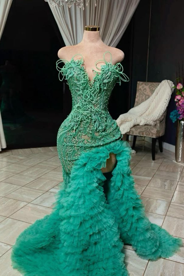 Stunning Green Sweetheart High Split Ruffles Mermaid Floor-Length Prom Dresses