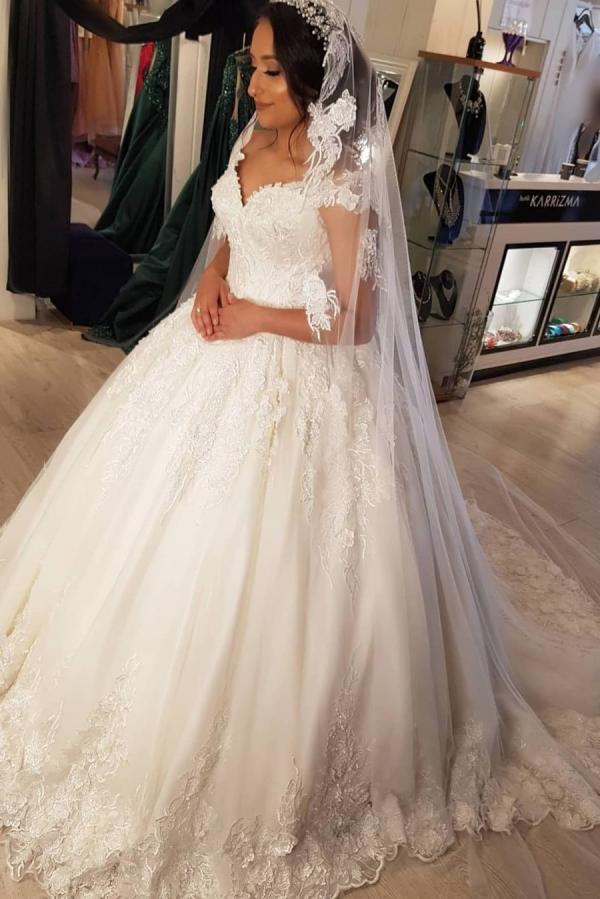 Stunning Off Shoulder V-Neck Tulle Lace Appliques Wedding Dress Aline Bridal Dress