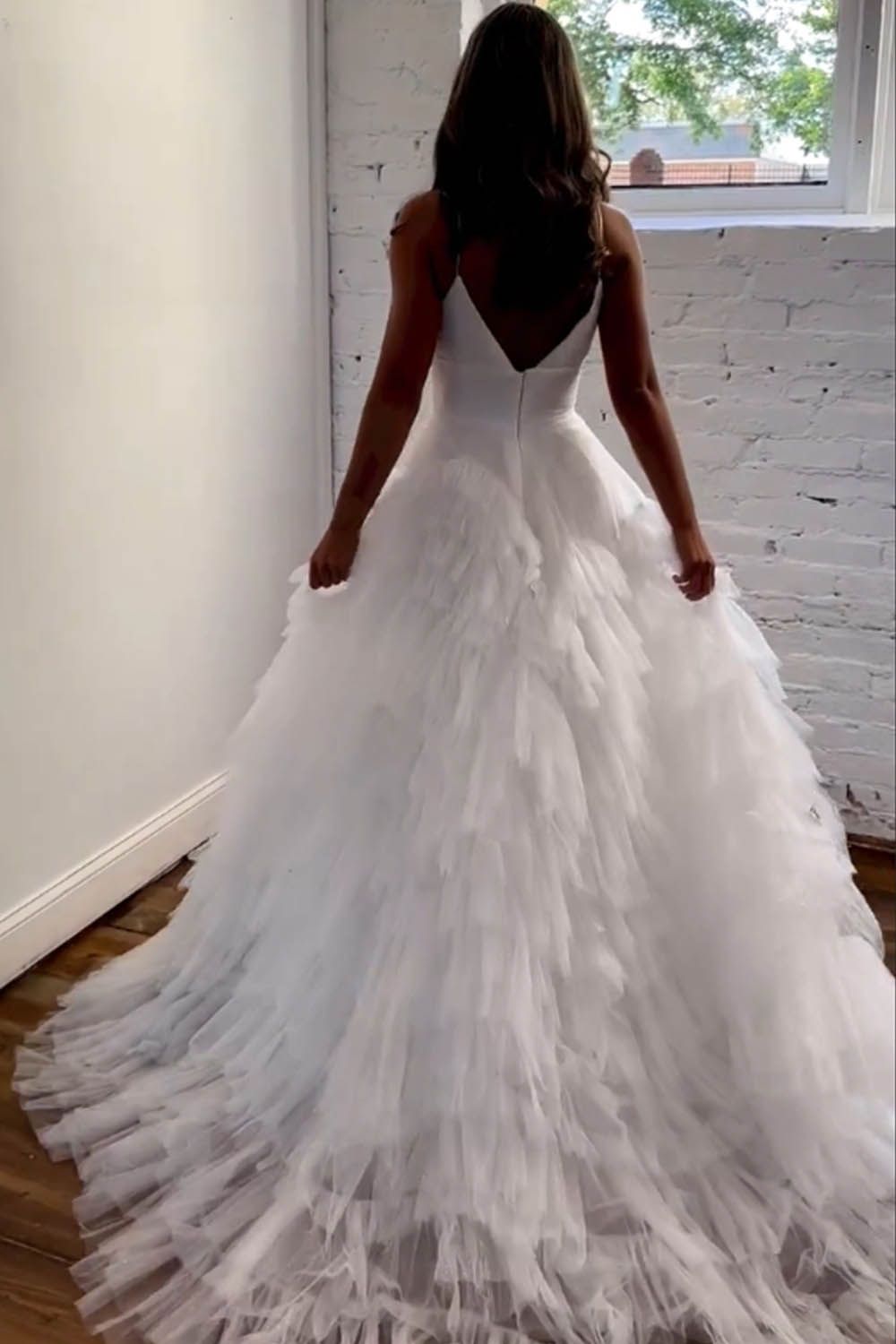 A-Line V-Neck Spaghetti Straps Long Tiered Tulle Prom Dress - View 9 | FashionDia