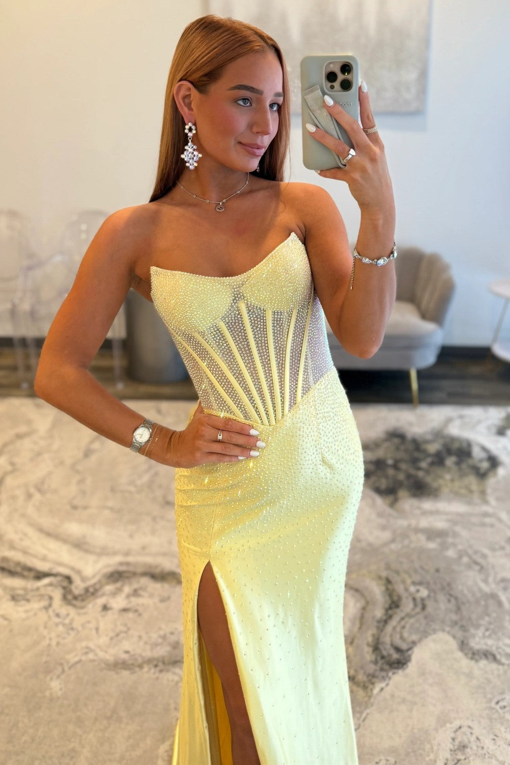 Shine Mermaid Strapless Yellow Corset Prom Dress with Beading