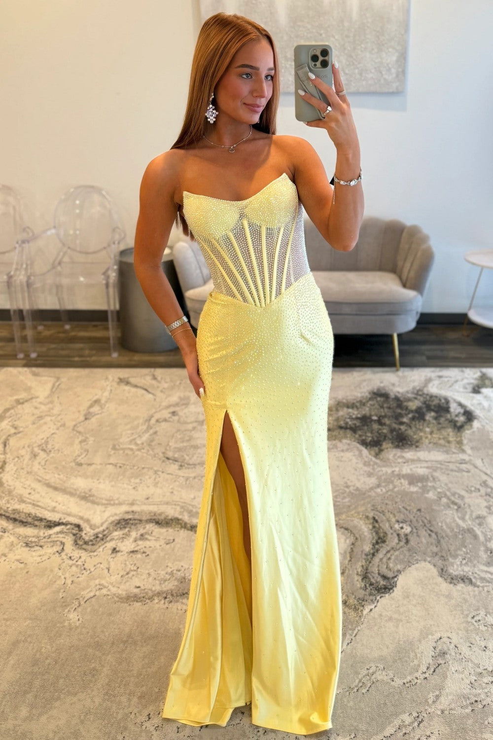 Shine Mermaid Strapless Yellow Corset Prom Dress with Beading