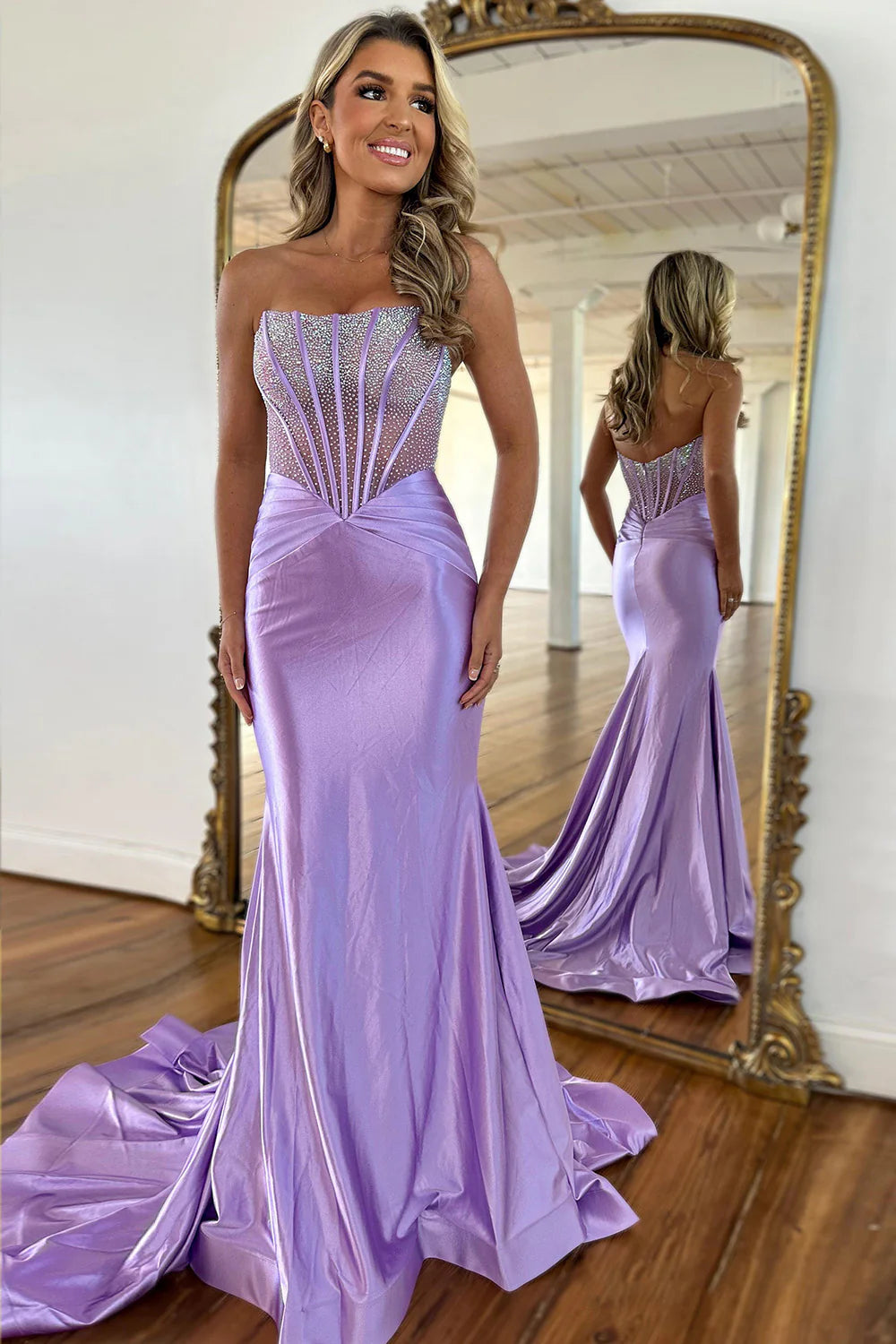 Bling Mermaid Strapless Lilac Corset Prom Dress with Beading - FashionDia