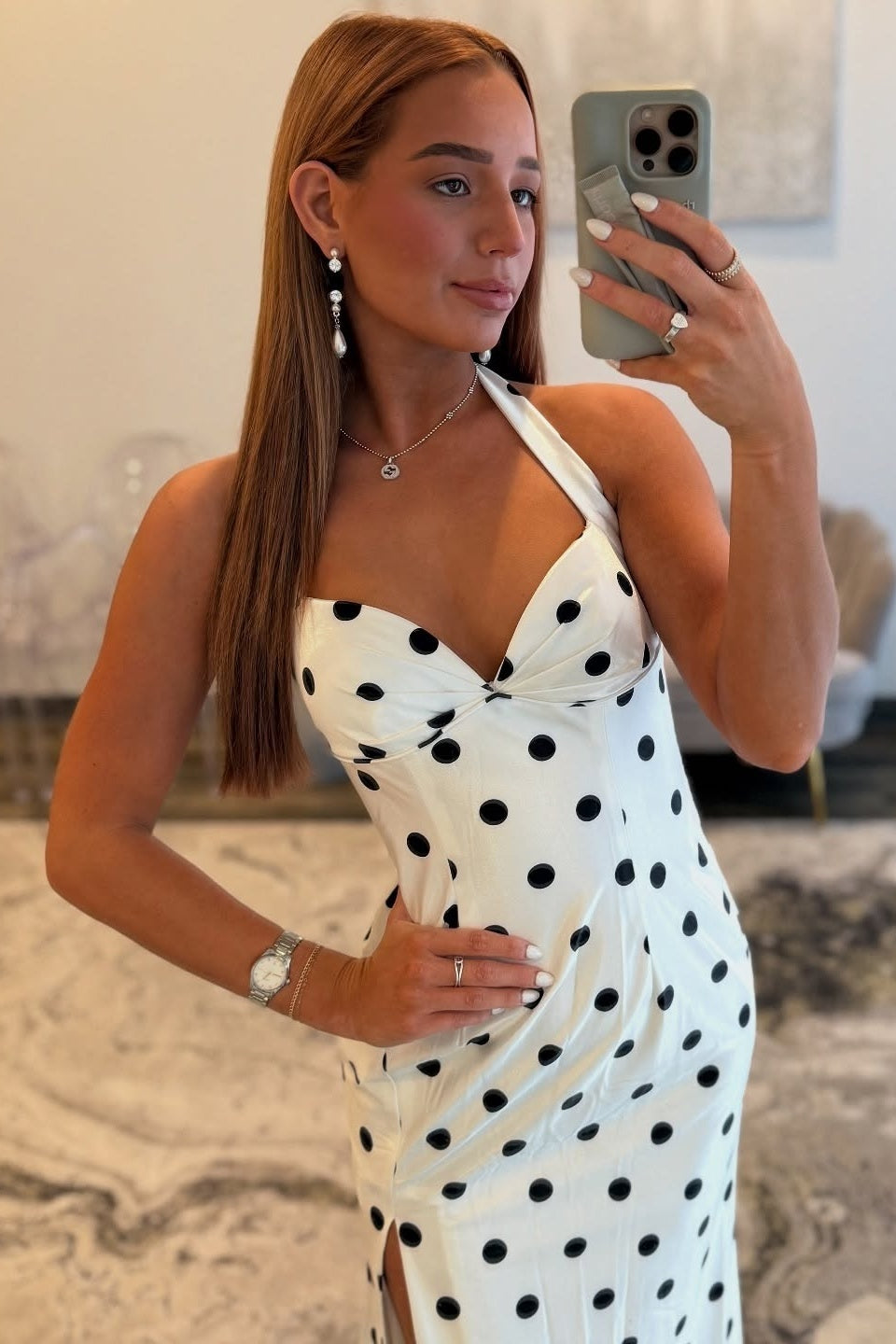 Stunning Mermaid Halter Neck White Polka Dots Long Prom Dress with Train