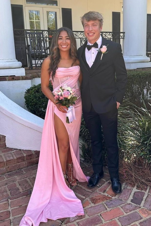 Stunning Mermaid Strapless Pink Corset Prom Dress with Split Front