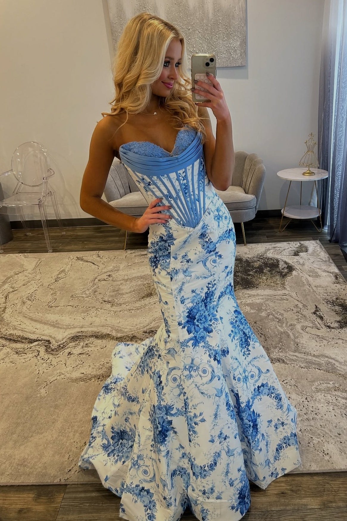 Stunning Mermaid Sweetheart Blue Floral Printed Long Prom Dress with Appliques