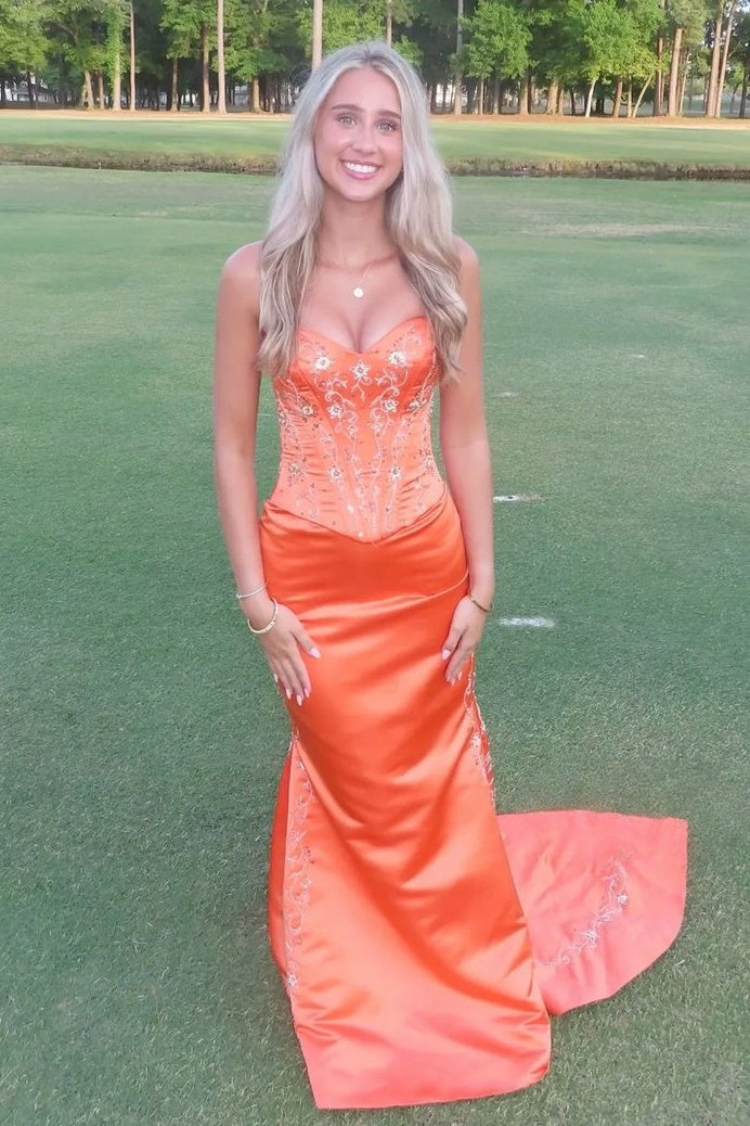 Stunning Mermaid Sweetheart Orange Corset Prom Dress with Embroidery - FashionDia
