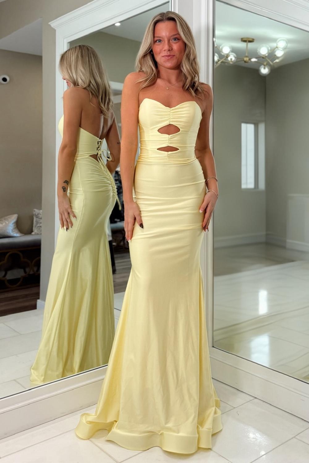 Stunning Mermaid Sweetheart Yellow Long Prom Dress with Keyhole - View 3 | FashionDia