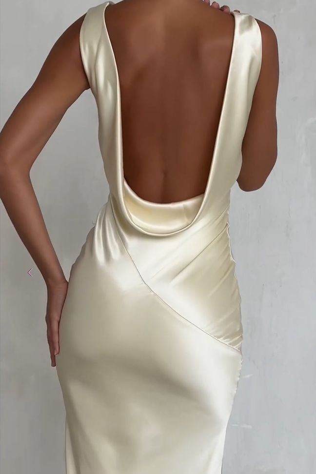 Stunning Mermaid V-Neck Apricot Satin Long Party Dress with Backless - View 2 | FashionDia