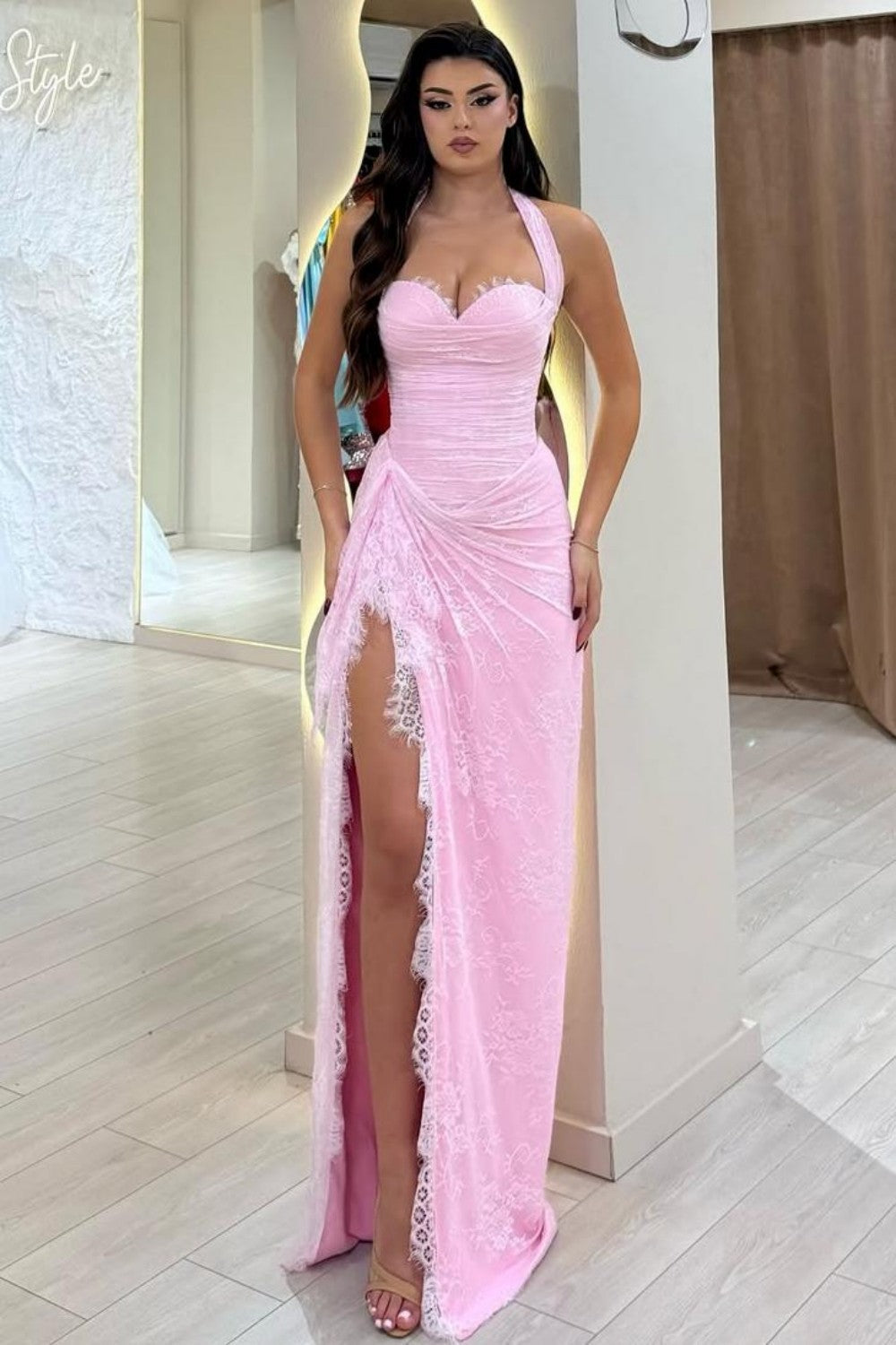 Beautiful Mermaid Halter Neck Pink Long Prom Dress with Lace Up Corset - FashionDia