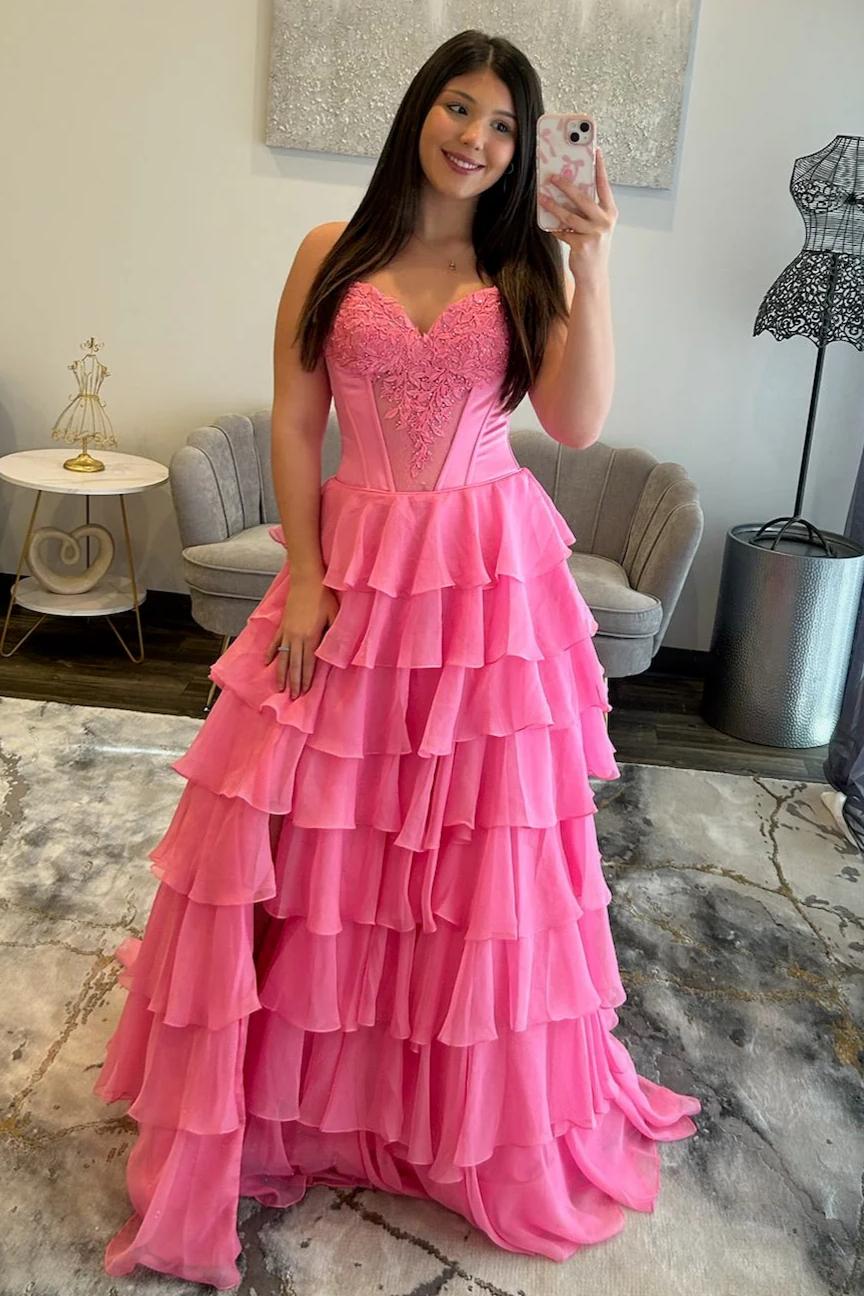 Charming A Line Sweetheart Red Corset Prom Dress with Appliques Ruffles
