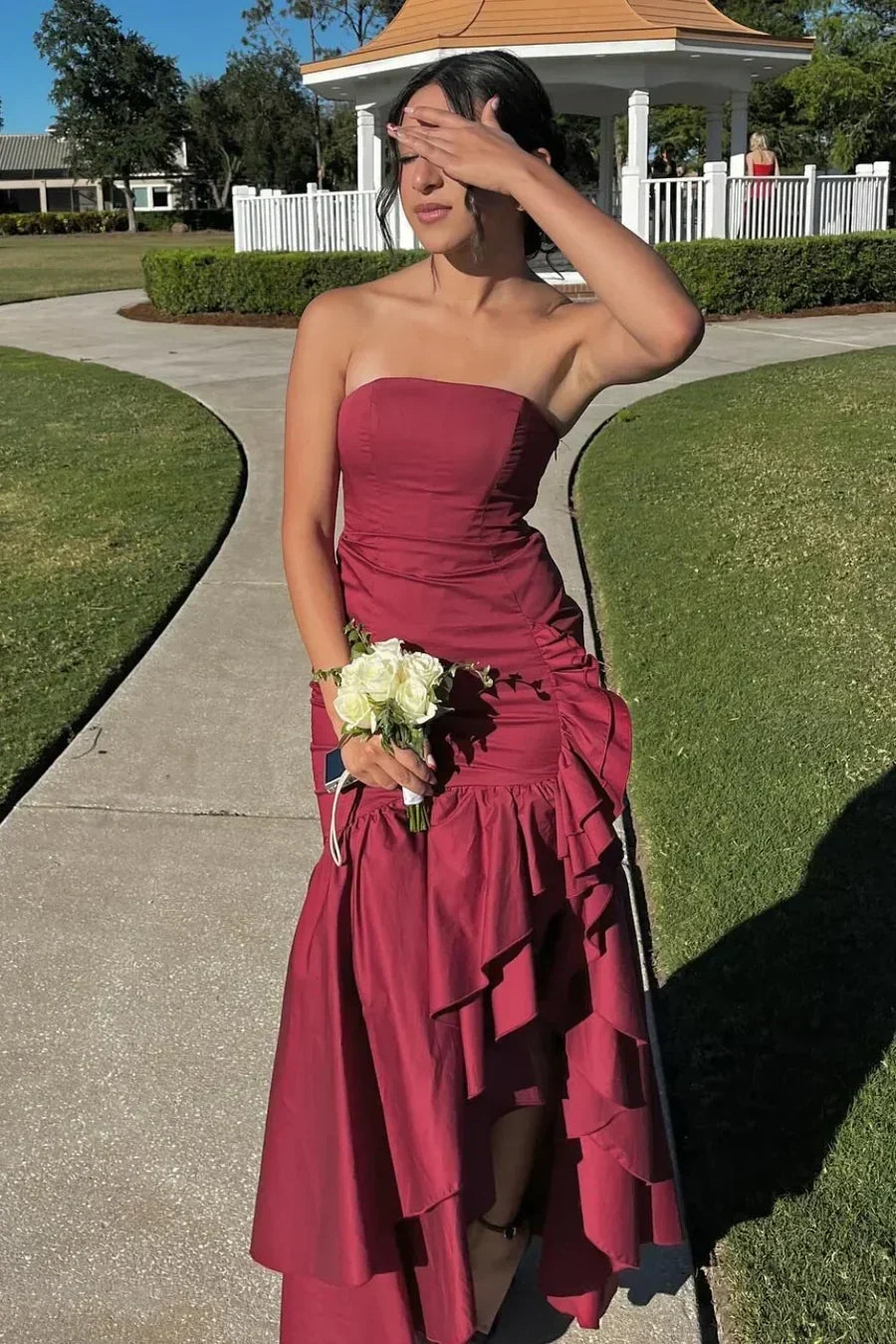Stunning Sheath Strapless Burgundy Long Prom Dress with Ruffles - FashionDia