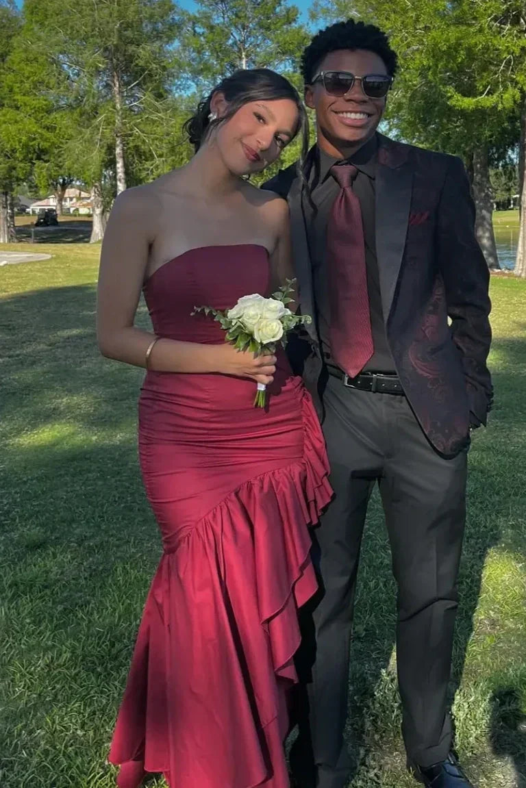 Stunning Sheath Strapless Burgundy Long Prom Dress with Ruffles - View 2 | FashionDia