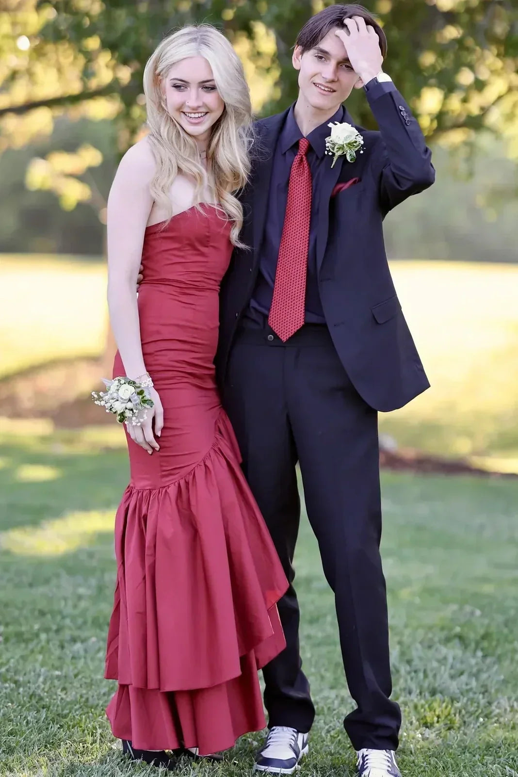 Stunning Sheath Strapless Burgundy Long Prom Dress with Ruffles - View 4 | FashionDia