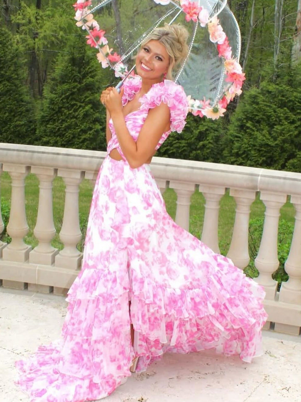 Stunning Blue V-Neck Waist Hollow A-Line Long Tiered Print Chiffon Prom Dress