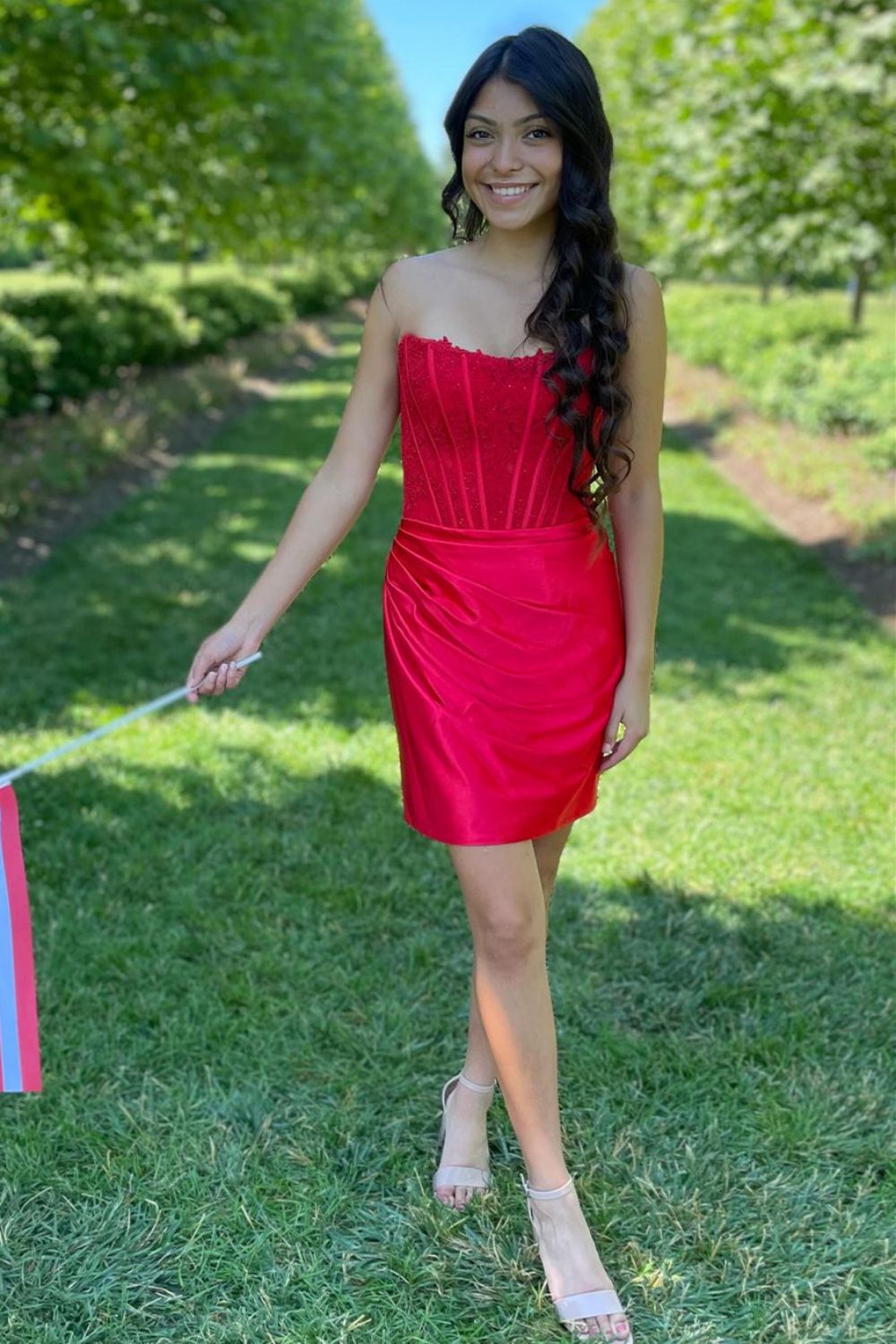 Stunning Bodycon Strapless Lace Top Short Satin Homecoming Dress