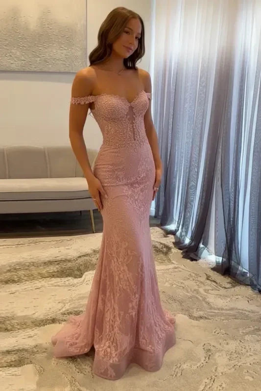 Stunning Mermaid Off the Shoulder Navy Long Prom Dress with Appliques Beading