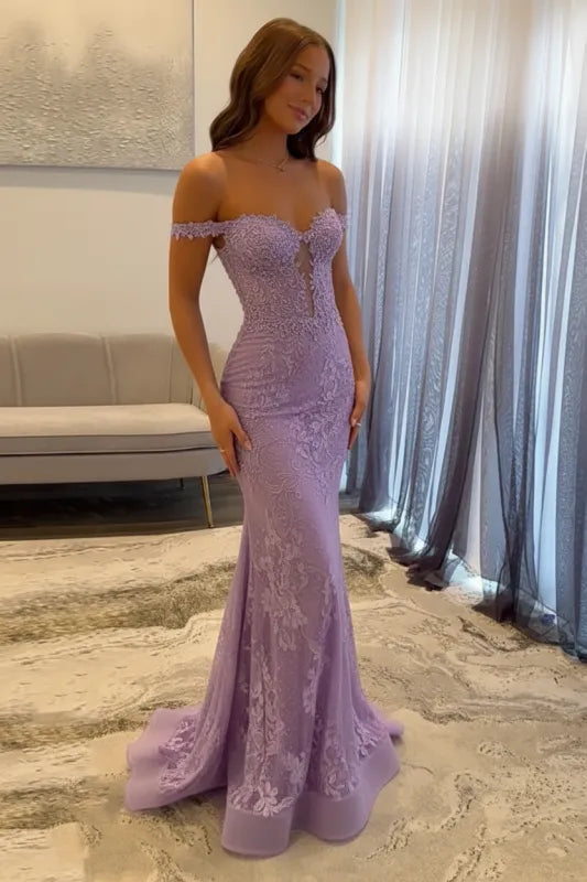 Stunning Mermaid Off the Shoulder Navy Long Prom Dress with Appliques Beading