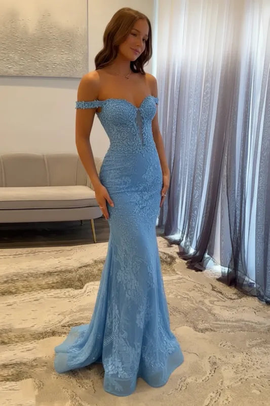 Stunning Mermaid Off the Shoulder Navy Long Prom Dress with Appliques Beading
