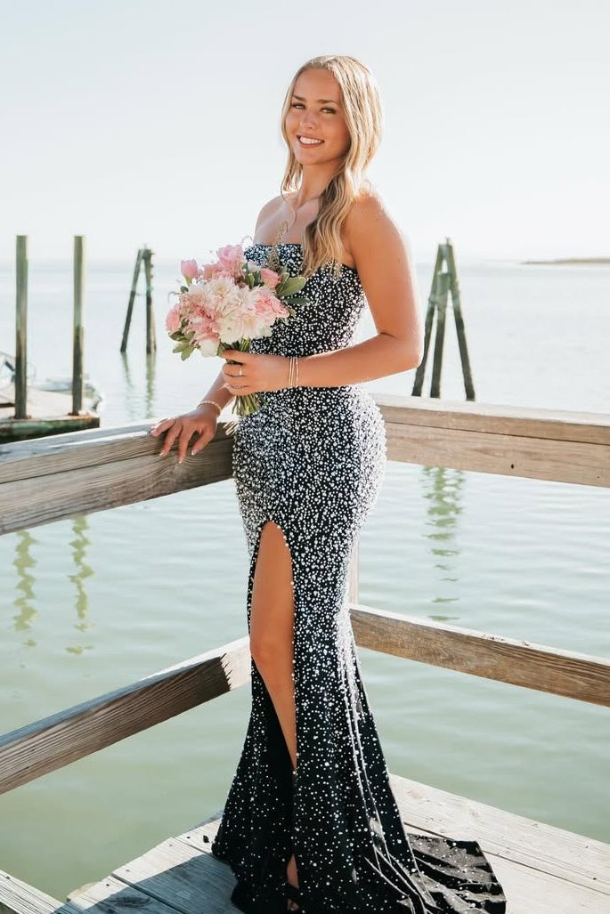 Stunning Mermaid Strapless Black Long Prom Dress with Pearls