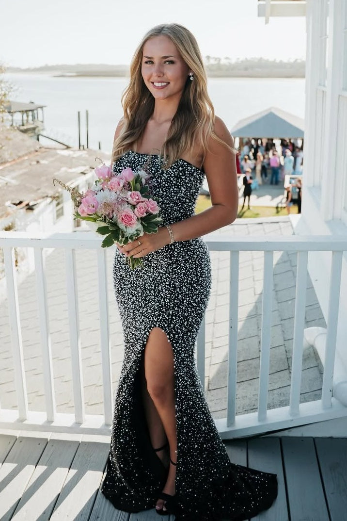 Stunning Mermaid Strapless Black Long Prom Dress with Pearls