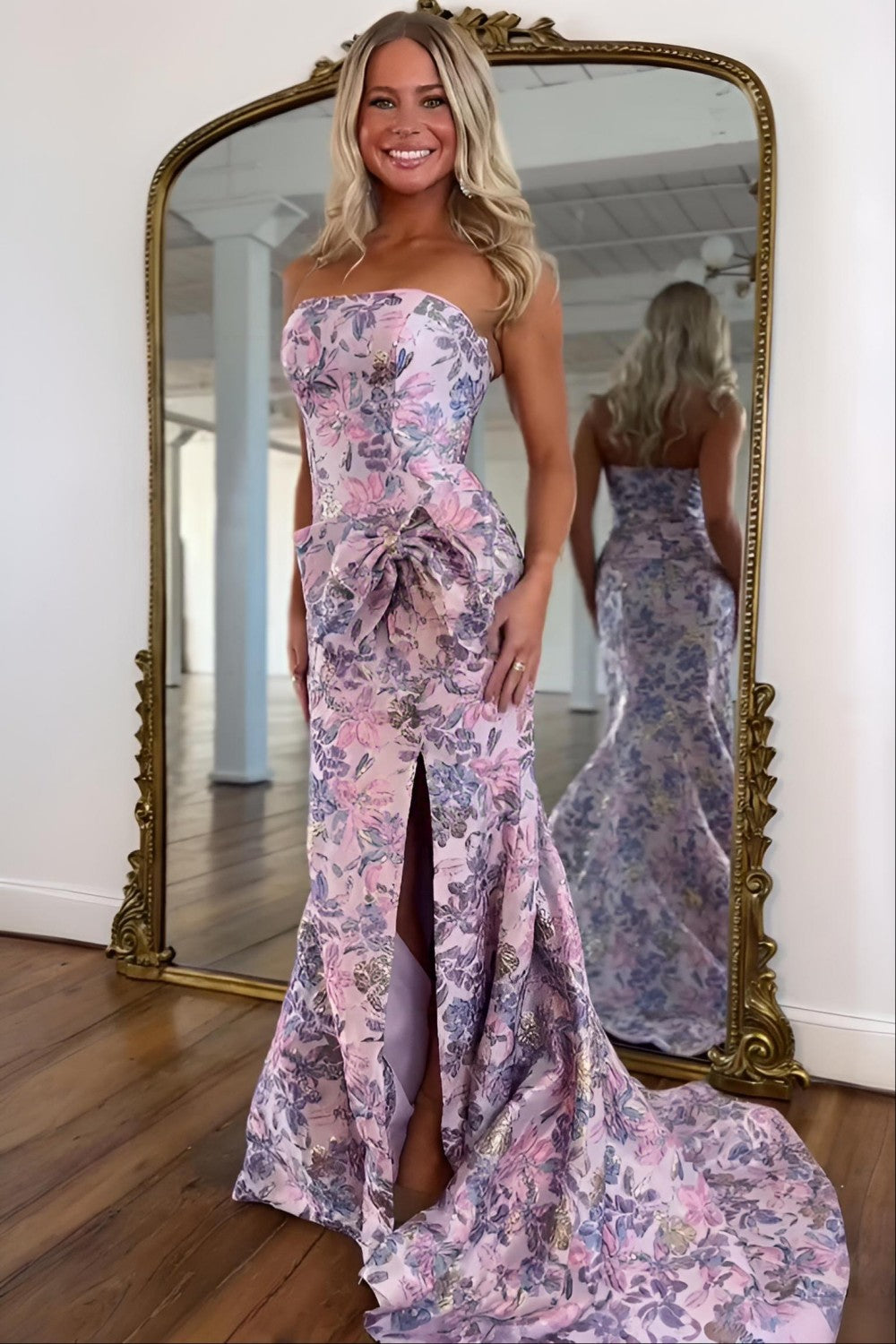 Stunning Mermaid Strapless Pink Floral Printed Long Prom Dress with Bowknot