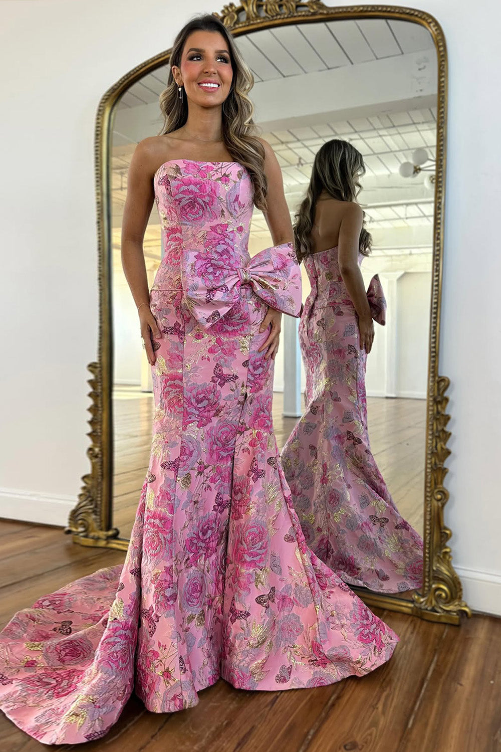 Stunning Mermaid Strapless Pink Floral Printed Long Prom Dress with Bowknot