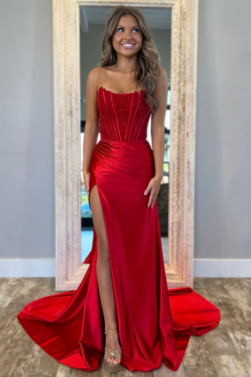 Red Stunning Strapless Glitter Top Long Satin Prom Dress with Slit