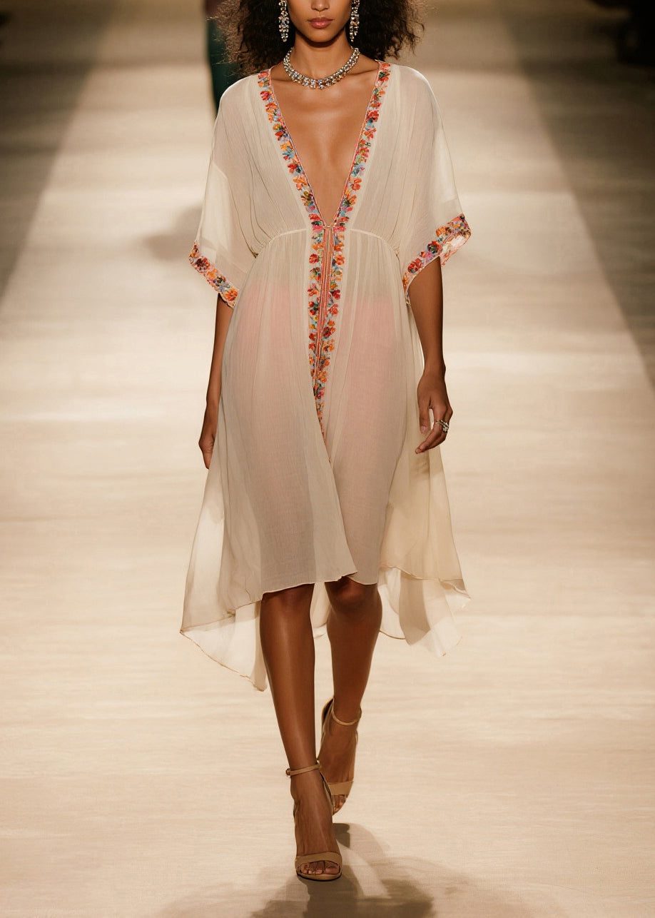 Style Apricot V Neck Floral Cotton Vacation Dresses Summer