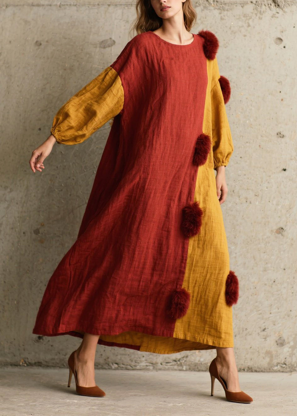 Style Colorblock Patchwork Fuzzy Ball Decorated Vacation Dresses Fall