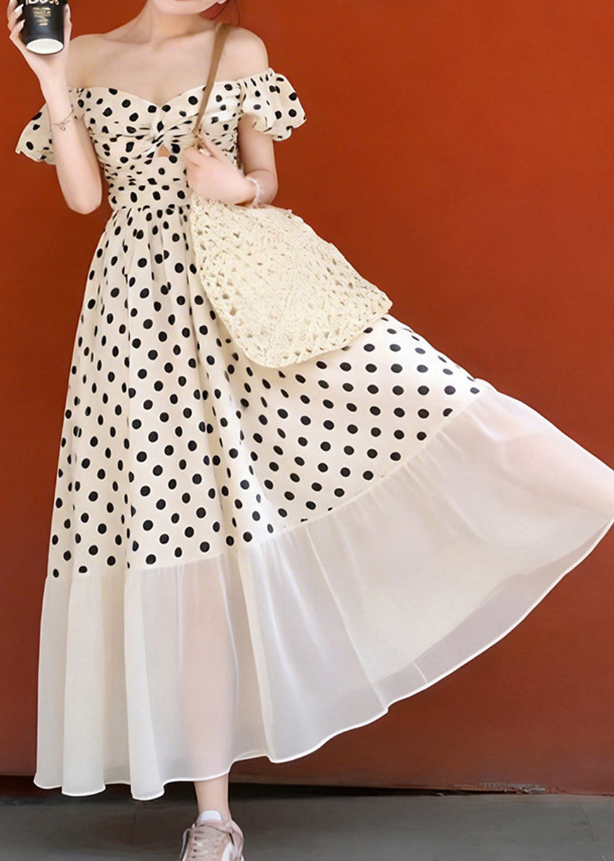 Style Khaki Cold Shoulder Print Chiffon Long Dresses Summer