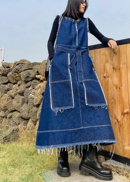 Style O Neck Patchwork Spring Tunic Pattern Sewing Denim Blue Long Dresses
