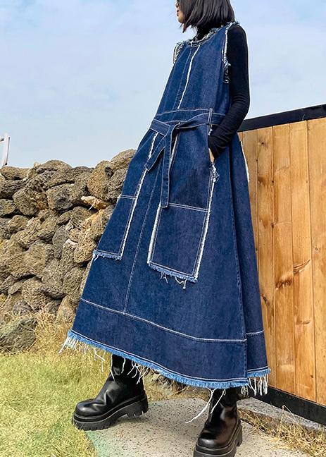 Style O Neck Patchwork Spring Tunic Pattern Sewing Denim Blue Long Dresses