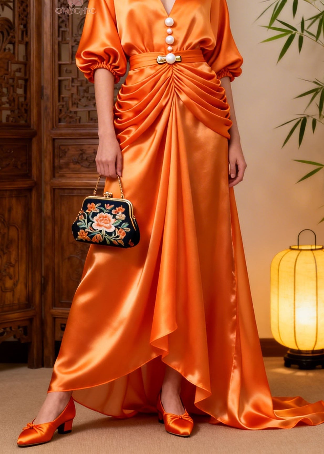 Style Orange V Neck Wrinkled Patchwork Silk Dress Summer