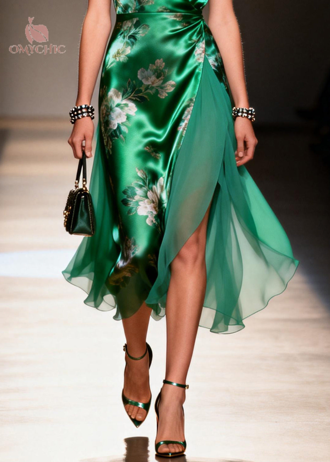Style Tea Green Print Patchwork Silk Long Dress Summer