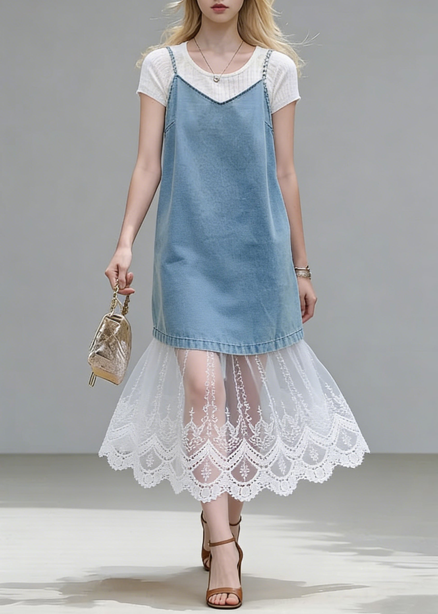 Stylish Blue Lace Patchwork Tops And Spaghetti Strap Dress Two Piece Set Summer