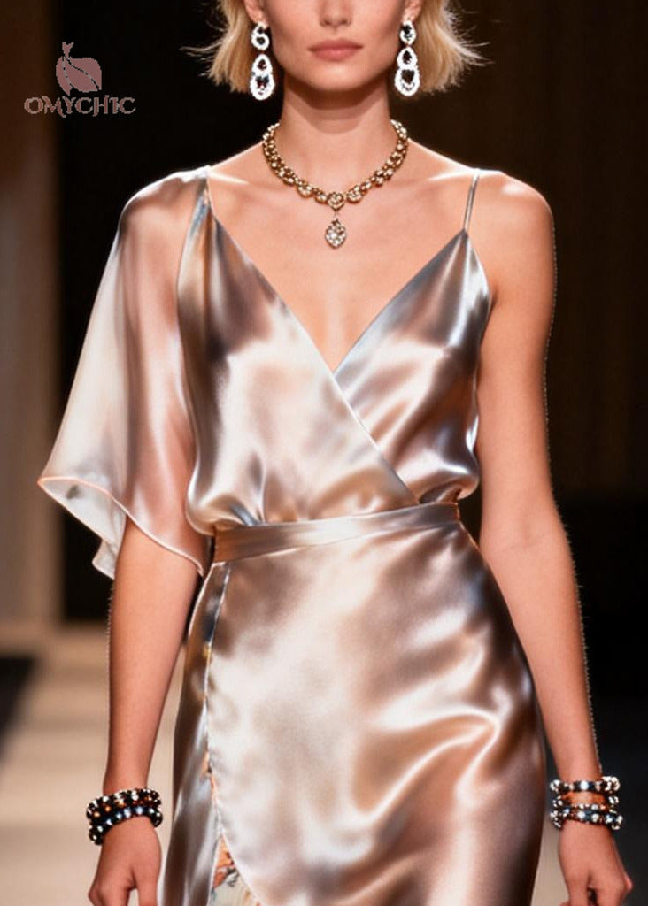 Stylish Champagne Patchwork Side Open Silk Cami Dresses Summer