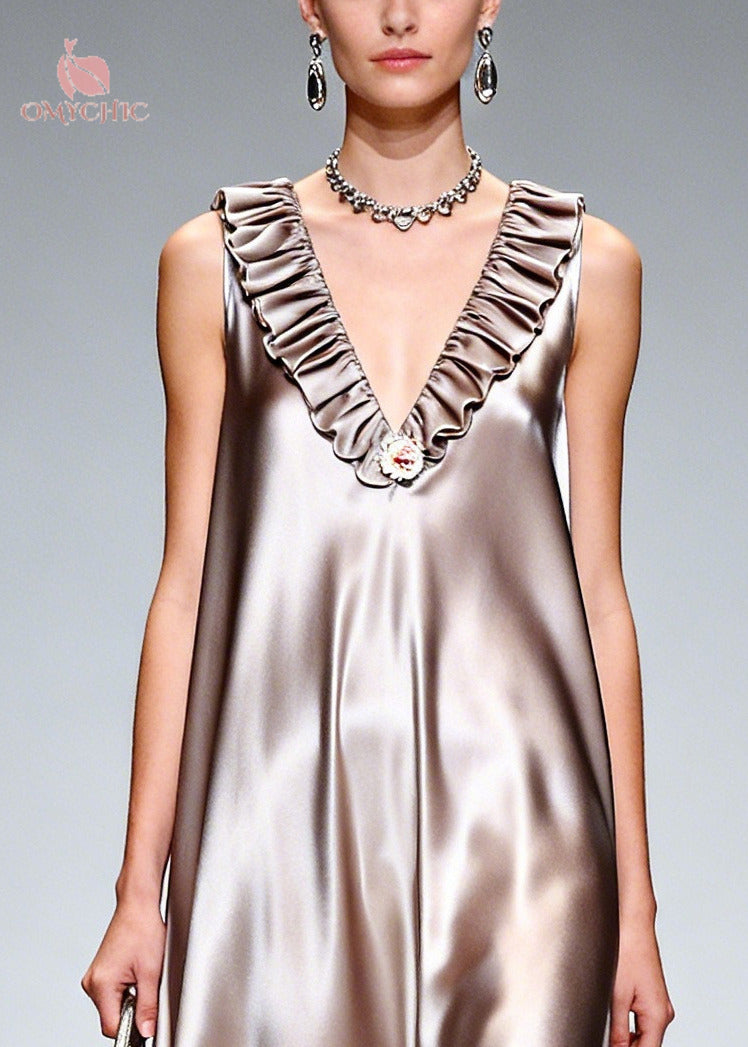 Stylish Khaki Ruffled Exra Large Hem Silk Long Dress Sleeveless
