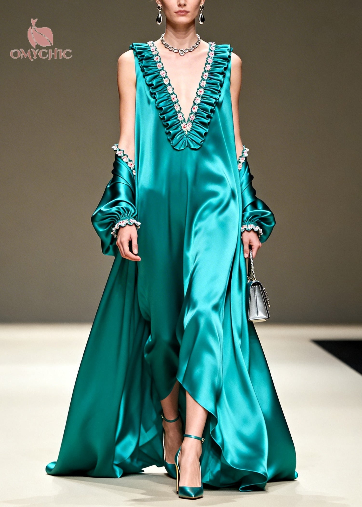 Stylish Peacock Blue Ruffled Patchwork Exra Large Hem Silk Dress Summer
