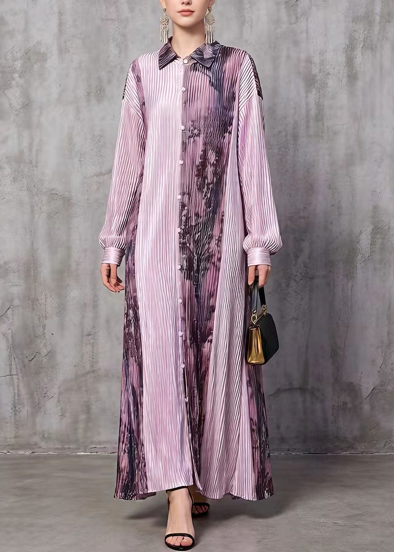 Stylish Purple Peter Pan Collar Print Wrinkled Silk Long Dresses Spring