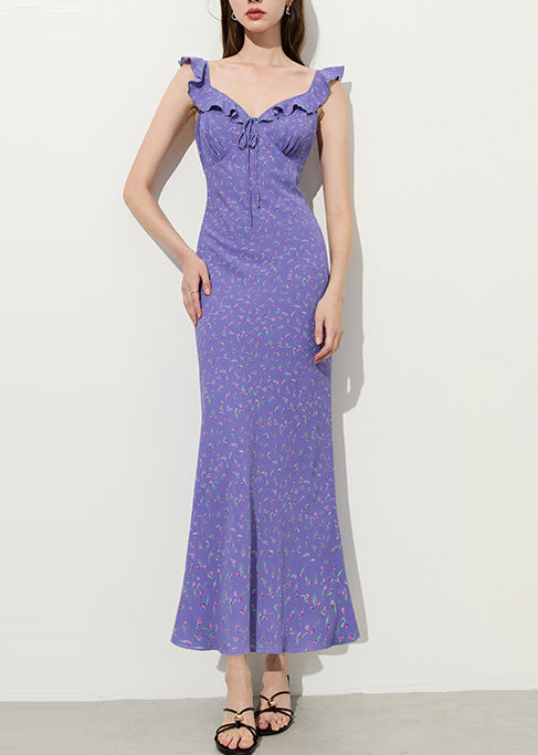 Stylish Purple Ruffled Print Chiffon Party Dress Summer