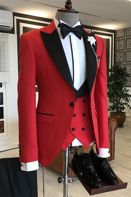 Stylish Red 3 Piece Prom Suit with Black Peaked Lapel